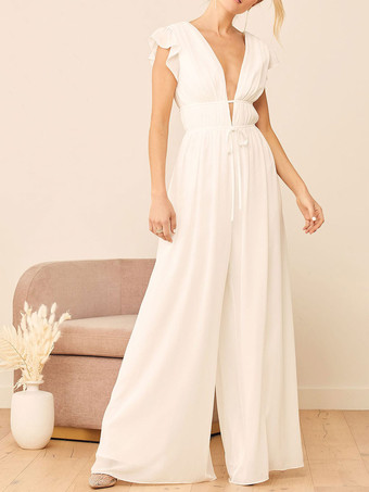 White Wedding Jumpsuit V-Neck Short Sleeves Backless Floor Length Bridal Jumpsuits Free Customization