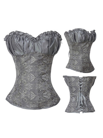 Grey Sexy Corset Lace Up Floral Print 2-Piece Bustier For Women