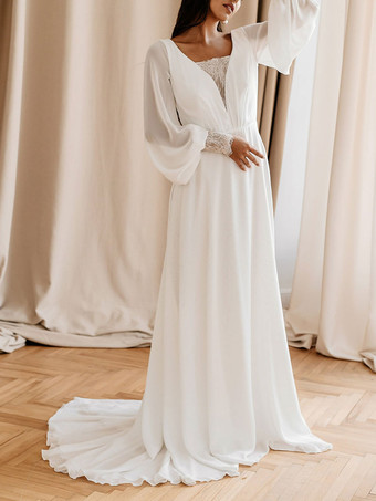 White Simple Causal Wedding Dress With Train A-Line V-Neck Long Sleeves Lace Chiffon Bridal Dresses Free Customization