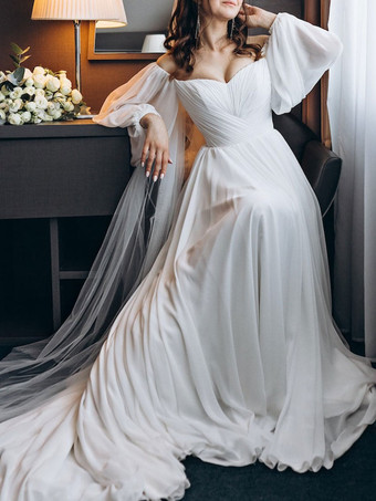 Schlichtes Brautkleid Brautkleider große Größen lang Chiffon und Reißverschluss A-Linie- elfenbeinfarbe Standesamtkleid
