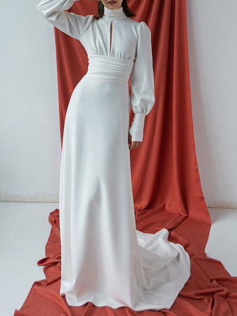 White Simple Mermaid Wedding Dress Elastic Silk Like Satin High Collar Long Sleeves Cut Out A-Line Bridal Gowns Free Customization