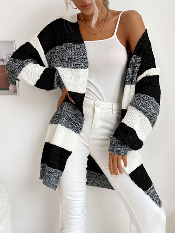 Sweaters Cardigans Black Stripes Piping Long Sleeves Stretch Cardigans
