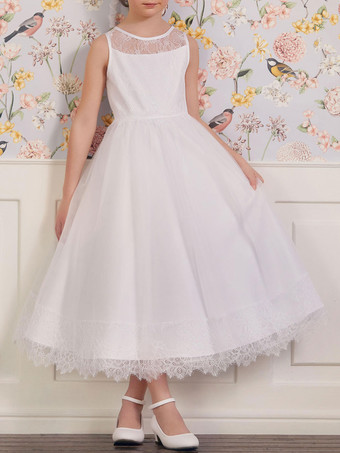 White Flower Girl Dresses Jewel Neck Sleeveless Lace Kids Party Dresses Social Party Dress