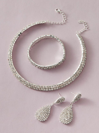 Jewelry Sets White Lobster Claw Clasp Rhinestone Alloy Pierced 3-Piece Metallic Jewelry Set