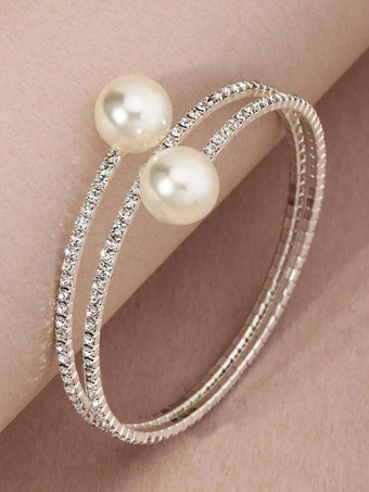 Pulsera de mujer Perlas blancas Diamante de imitación Redondo Brillante Cadena en espiral Círculos Pulseras