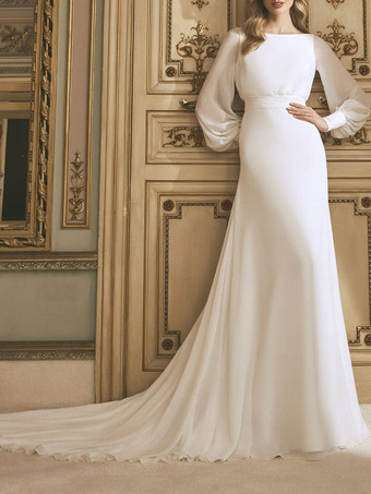 Vintage Brautkleid elfenbeinweiß Schlichte Brautkleider Polyester Langarm Vintage Hochzeitskleid
