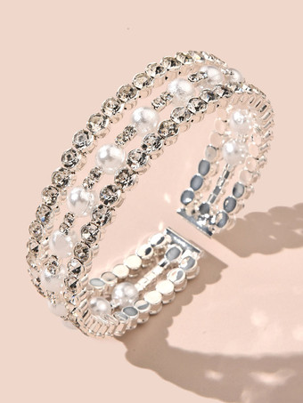 Pulsera para mujer Perlas blancas Diamantes de imitación Imitación Brillante Cadena en capas Pulseras de gelatina
