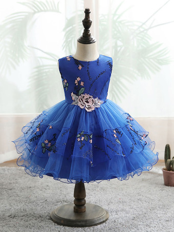 Blue Flower Girl Dresses Jewel Neck Sleeveless Tulle Cotton Knee Length Flowers Kids Party Dresses