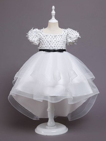 Vestidos de niña de las flores blancas Cuello joya Mezcla de algodón Mangas cortas con tren Princesa Silueta Vestidos de fiesta para niños
