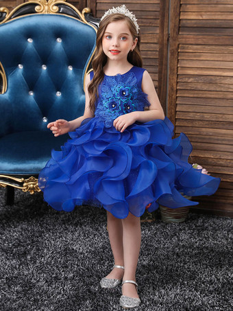 Blue Flower Girl Dresses Jewel Neck Sleeveless Zipper Cotton Kids Party Dresses