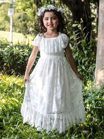 Ivory Flower Girl Dresses Bateau Neck Sleeveless Pleated Lace Kids Party Dresses