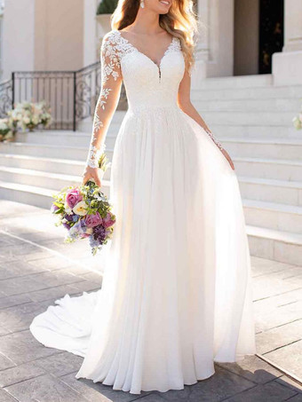 Lace Plus Size Wedding Dresses 2023 Chiffon V Neck A Line Long Sleeve Lace Applique Beach Wedding Bridal Dress With Train Free Customization