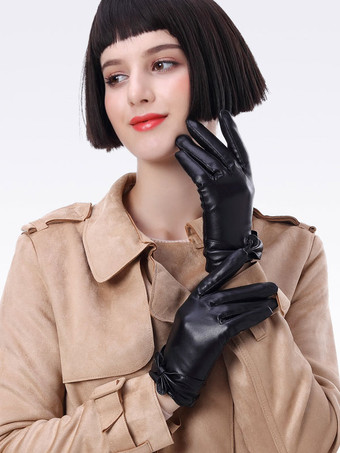 Damen Leder Schleife Dekor Handschuhe