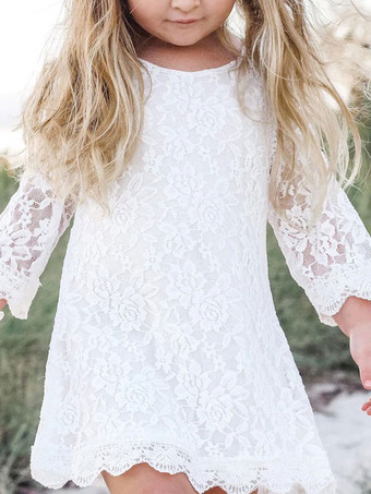 White Flower Girl Dresses Jewel Neck Long Sleeves Lace Kids Social Party Dresses