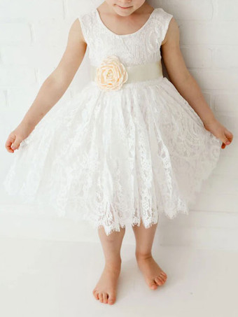Vestidos de niña de las flores blancas Cuello joya Encaje Sin mangas Longitud de té Una línea Vestidos de fiesta sociales de encaje para niños