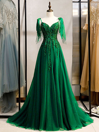 Prom Dress 2023 Deep Green Lace V-Neck A-Line Sleeveless Beaded Lace-Up Party Dresses Wedding Guest Dresses