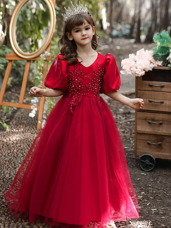 Kleider für Blumenmädchen mit V-Ausschnitt  Baumwollmischung  kurzen Ärmeln  knöchellang  Prinzessinnen-Silhouette  Applikation  Kinder-Partykleider