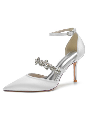 Zapatos de novia para mujer Diamantes de imitación Satén Punta estrecha Tacón de aguja Zapatos de novia