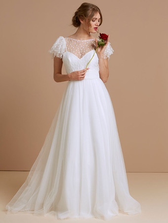 Lace Wedding Dresses Jewel Neck Short Sleeves Floor-Length Bridal Gowns Free Customization