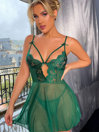 Women Babydoll Dark Green Bows Floral Print Sheer Lace Sexy Hot Lingerie