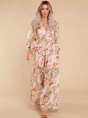 Maxi Dress V-Neck Long Sleeves Casual Floral Print Long Dress