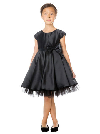 Black Flower Girl Dress Sash Jewel Neck Short Sleeves Kids Birthday Party Dresses