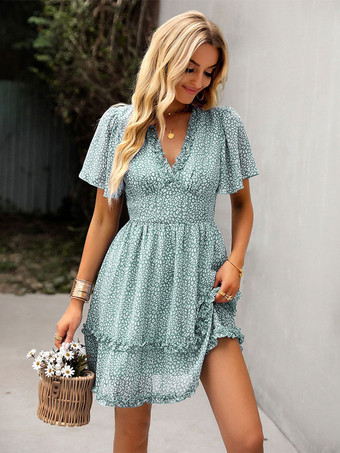 Sommerkleid Hellgrünes bedrucktes Polyester-Strandkleid mit V-Ausschnitt