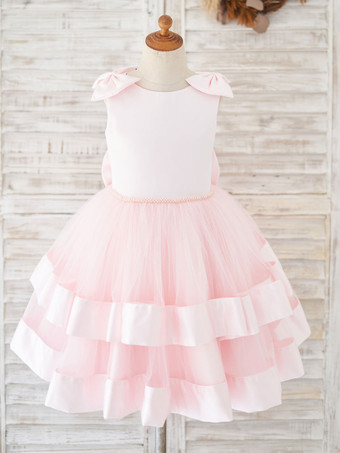 Flower Girl Dress Tulle Bows Jewel Neck Sleeveless Pink Free Customization