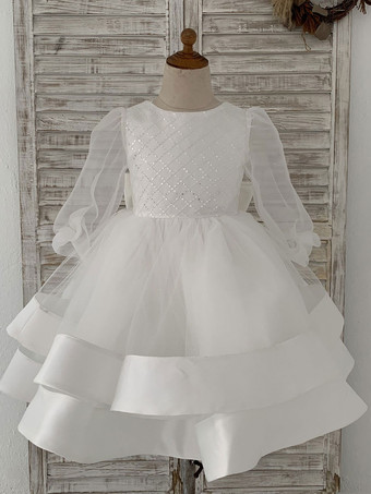 Flower Girl Dress Tulle Bows Jewel Neck Long Sleeves Ecru White Free Customization