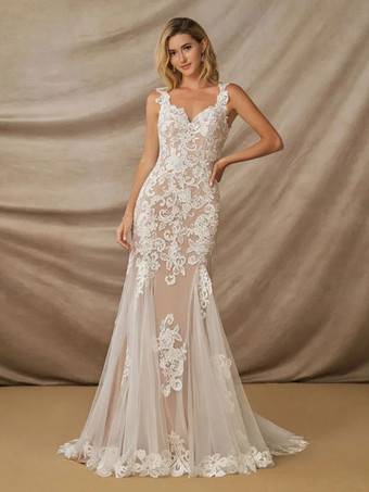 Wedding Dress V-Neck Sleeveless Lace With Train Bridal Gowns Free Customization