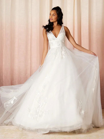 Simple Wedding Dress A-Line V-Neck Sleeveless Lace Bridal Dresses Free Customization