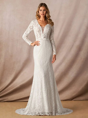 Wedding Bridal Gowns With Train Long Sleeves Lace V-Neck Bridal Mermaid Dress Free Customization