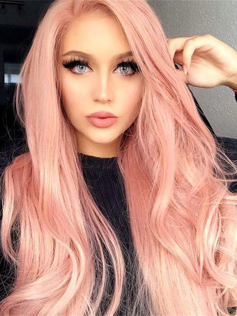 Women Long Wig Pink Curly Heat-resistant Fiber Casual Layered Long Synthetic Wigs