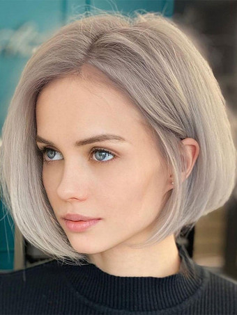 Synthetic Wigs Silver Straight Heat-resistant Fiber Short Wig For Women