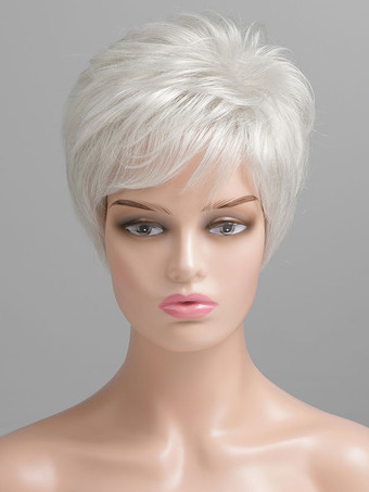 Human Hair Wigs For Woman Silver Chic Short Wigs