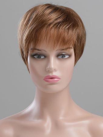 Human Hair Wigs For Women Coffee Brown Chic Short Wigs