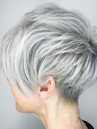 Women Human Hair Wigs Silver Rayon Casual Short Wigs