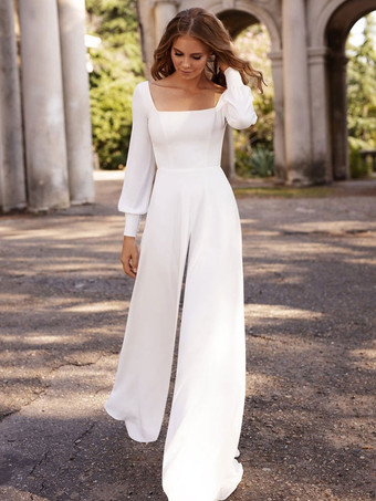 Ivory Bridal Jumpsuit Floor-Length A-Line Square Neck Long Sleeves Wedding Outfits Free Customization
