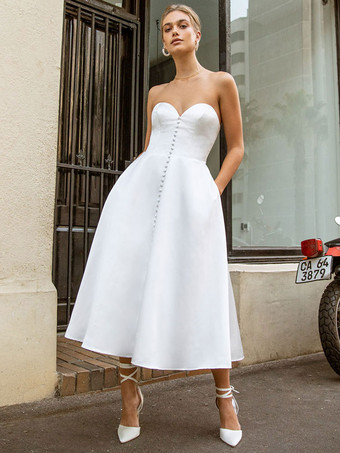 Simple Wedding Dress Fabric Satin Jewel Neck Pockets sin mangas A-Line Vestidos de novia