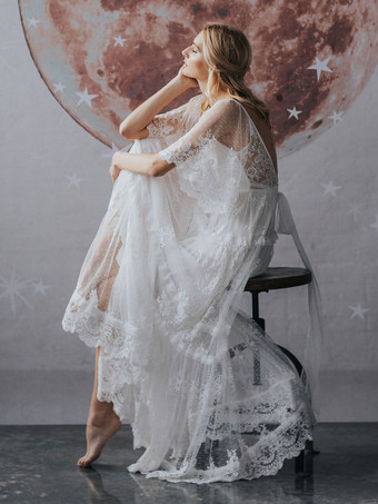 Ecru White Boho Wedding Dress Lace A-Line Floor-Length Backless Short Sleeves V-Neck Bridal Dress Free Customization