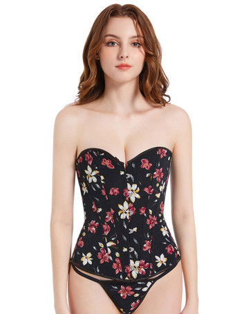 Black V-Neck Sexy Lace-up Buttons Floral Print Woman's Women Bustier