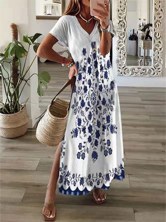 Maxi Dress V-Neck Short Sleeves Casual Floral Print Oversized Long Dress