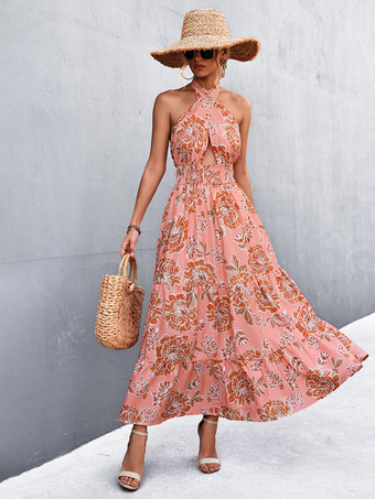 Maxi Dress Sleeveless Floral Print Backless Floor Length Dress
