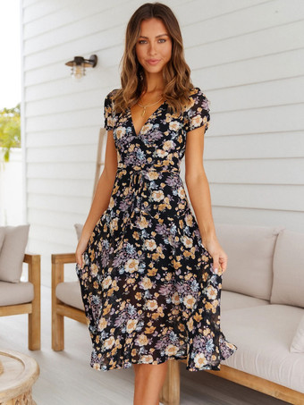 Sommerkleid mit V-Ausschnitt  bedruckt  mit Schnürung  schwarzes Strandkleid