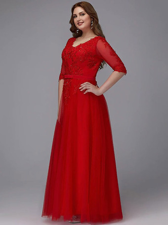 Red Prom Dress V-Neck A-Line Half Sleeves Applique Party Dresses