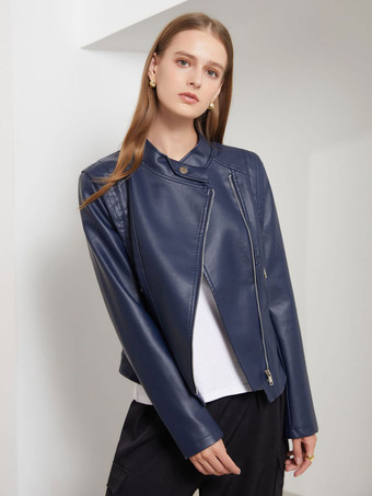 Leather Moto Jacket Stand Collar Spring Biker Outerwear For Women