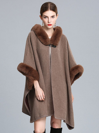 Cloak Cape Hooded Faux Fur Fall Poncho Coat For Women 2023