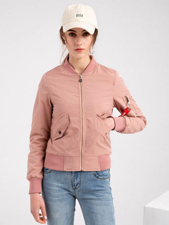 Bomber Jacket Casual Baseball Jacket Pink Solid Color Stand Collar Zip Up Spring Fall Cotton Filled Street Outerwear For Women