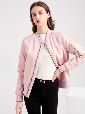 Bomber Jacket Pink Casual Baseball Jacket Color sólido Stand Collar Zip Up Spring Fall Street Prendas de abrigo para mujer