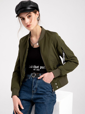 Bomber Jacket Baseball Jacket Hunter Green Solid Color Stand Collar Zipper Casual Spring Fall Cotton Filled Street Outerwear For Women
